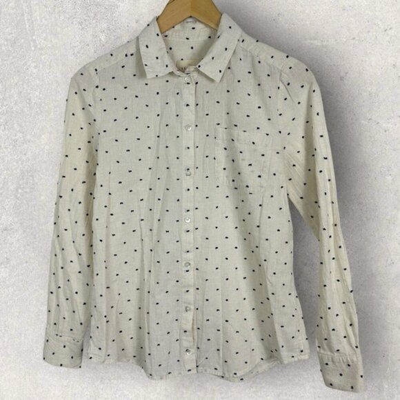 Sezane Linen Ramie Tomboy Shirt Ecru Blue Dot Print Size 34 French US 2 Button - Picture 13 of 15